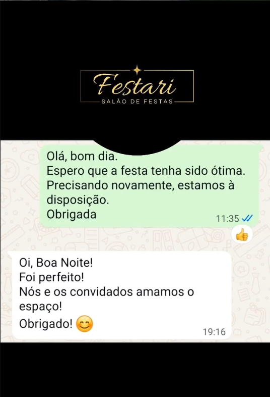 Depoimento de cliente elogiando o salão de festas Festari