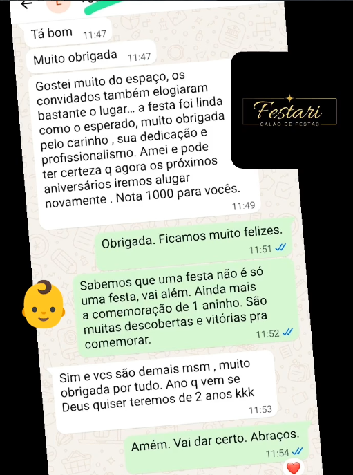 Mensagem de agradecimento de cliente do salão de eventos Festari